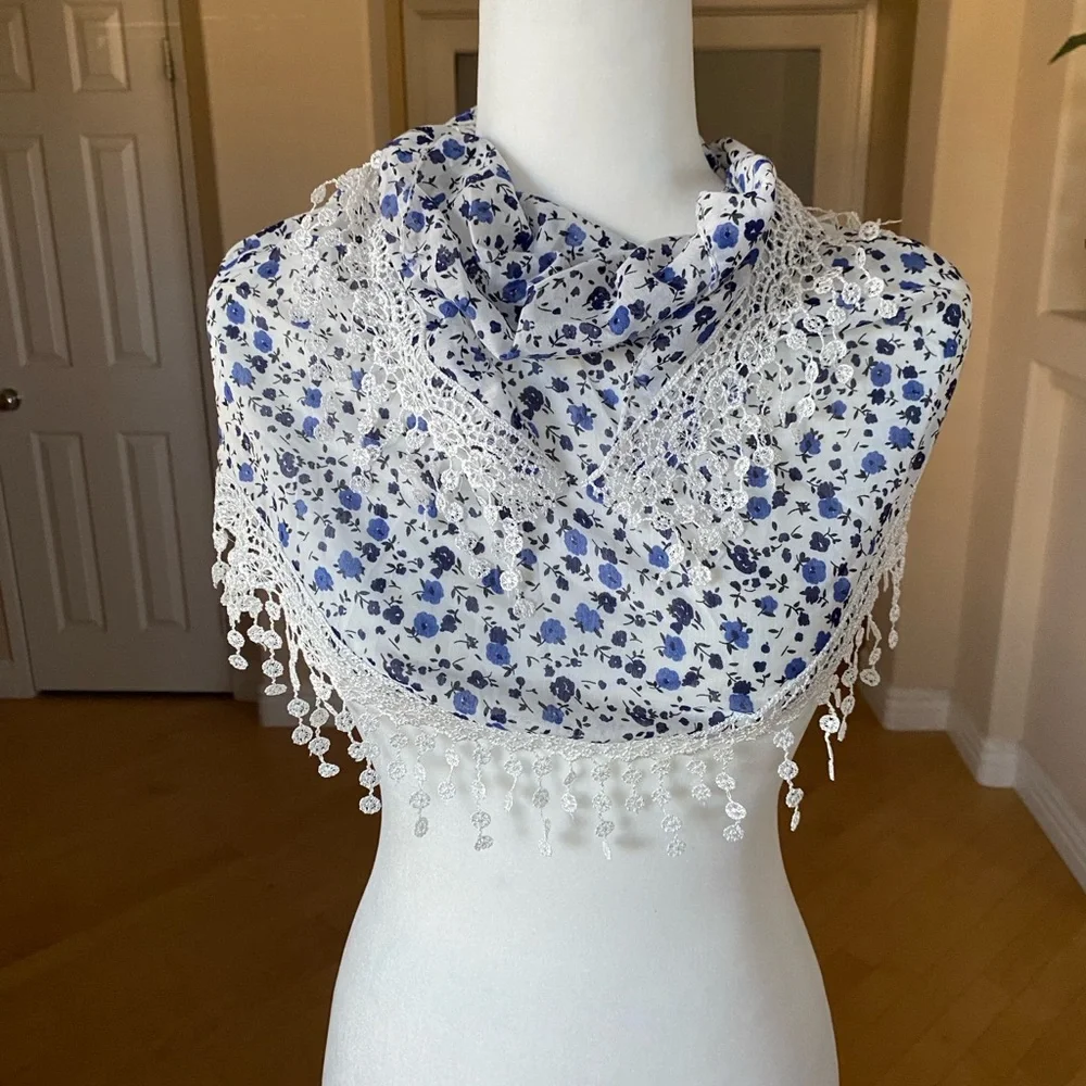 Floral Lace Scarf with Blue and White Pattern